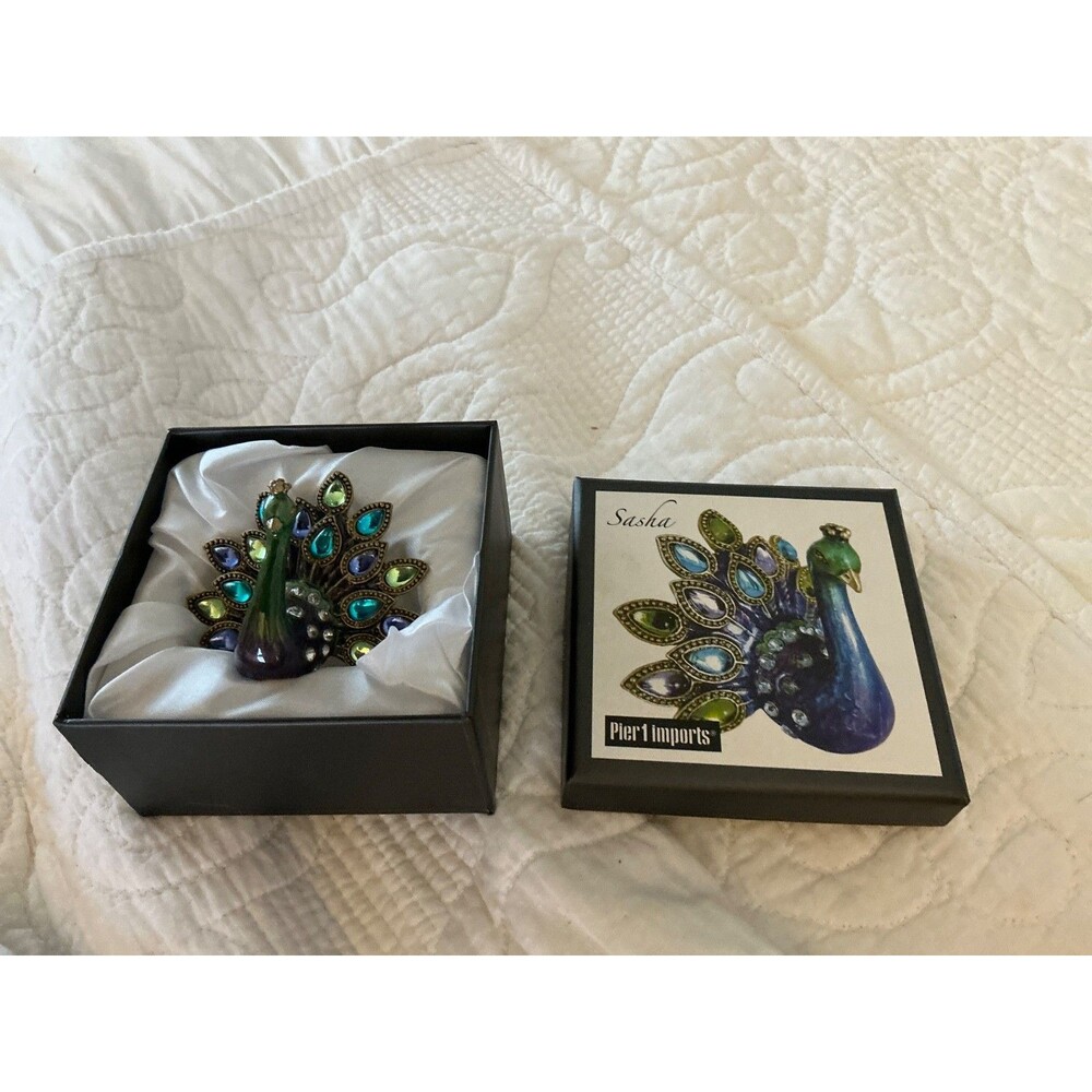 NIB Vintage Pier 1 Brass Peacock Figurine Jeweled Rhinestone Collectible Sasha